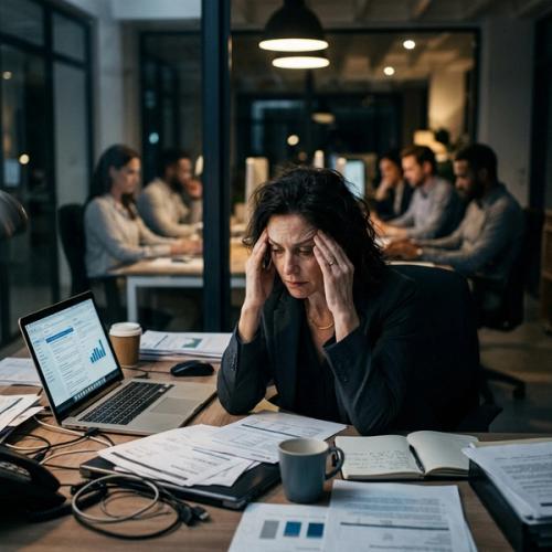 An exhausted, stressed manager sitting at a desk with blurred disconnected team members in the background