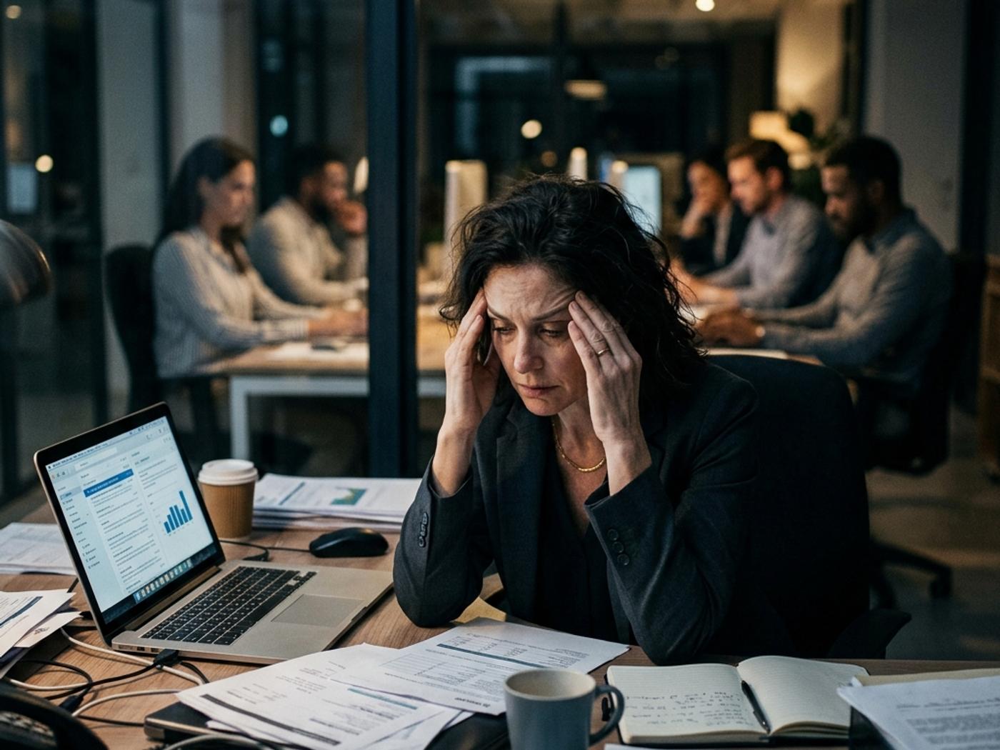 An exhausted, stressed manager sitting at a desk with blurred disconnected team members in the background