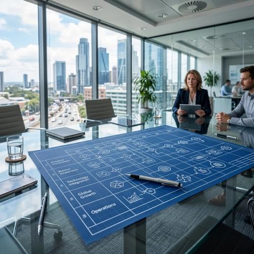 A detailed, modern business roadmap diagram on a glass table in a well-lit corporate office.