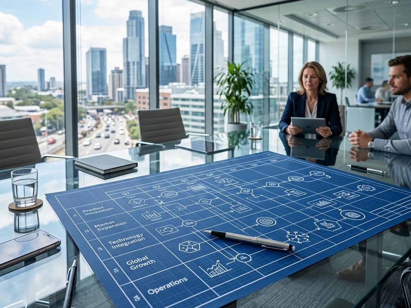 A detailed, modern business roadmap diagram on a glass table in a well-lit corporate office.