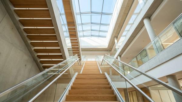 Modern office staircase with natural light from above, representing progressive stages of organizational growth