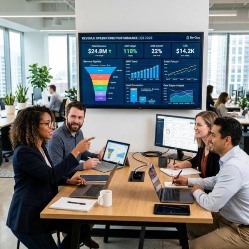 Modern corporate team analyzing revenue operations data dashboards in a bright collaborative workspace