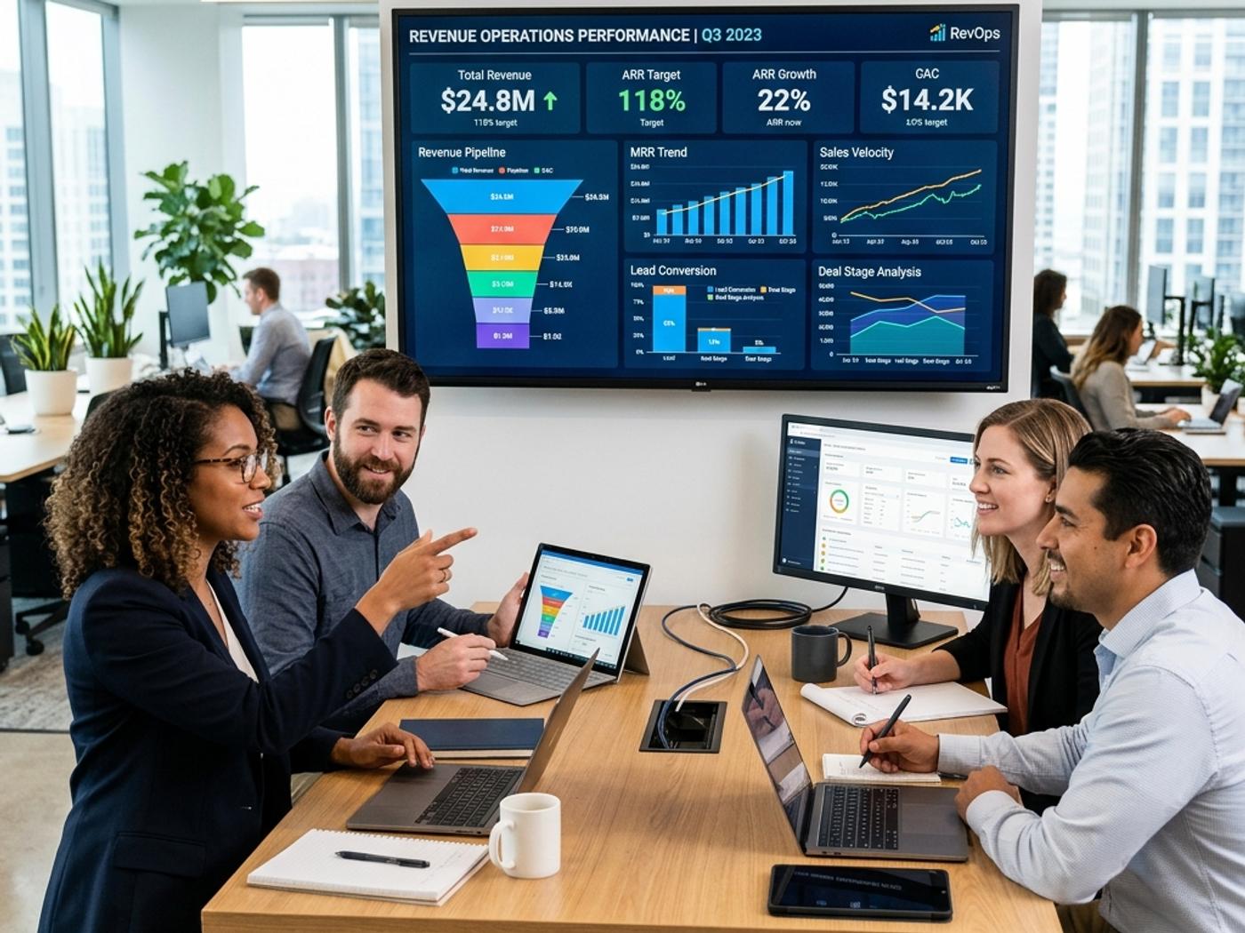 Modern corporate team analyzing revenue operations data dashboards in a bright collaborative workspace