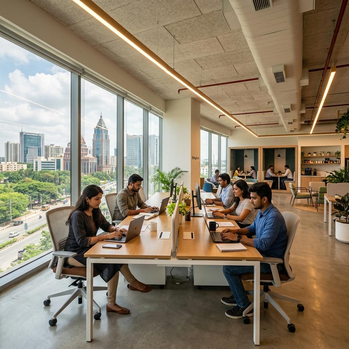 Modern co-working office in Bengaluru with professionals working at laptops and a city skyline view