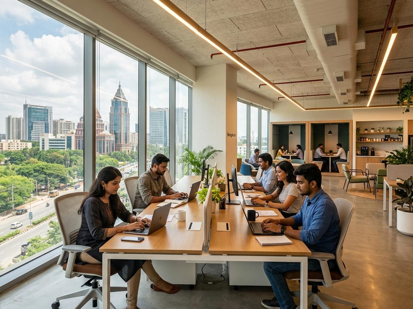 Modern co-working office in Bengaluru with professionals working at laptops and a city skyline view