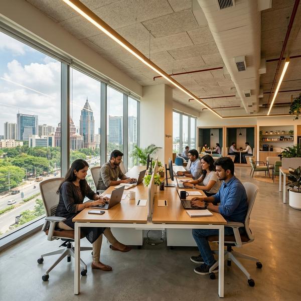Modern co-working office in Bengaluru with professionals working at laptops and a city skyline view