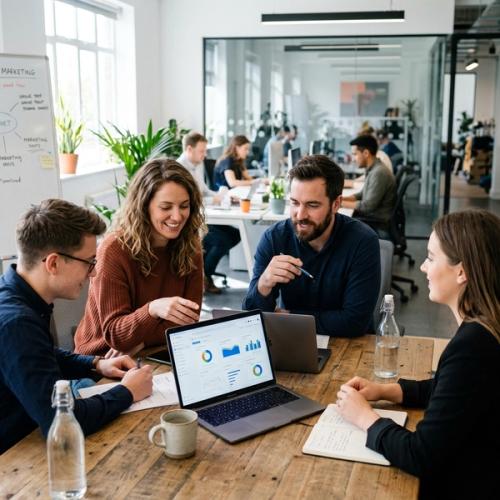 Professional marketing team collaborating around a laptop in a bright modern office