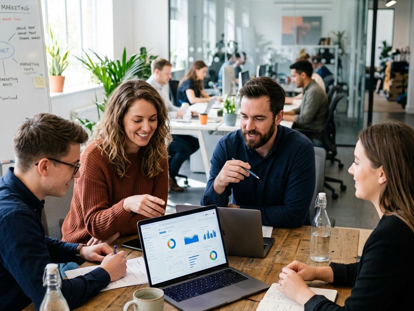 Professional marketing team collaborating around a laptop in a bright modern office