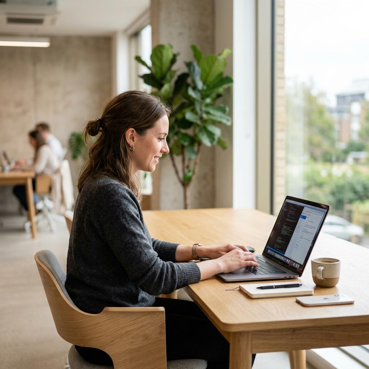 Person using a laptop with a glowing AI interface in a dark modern workspace