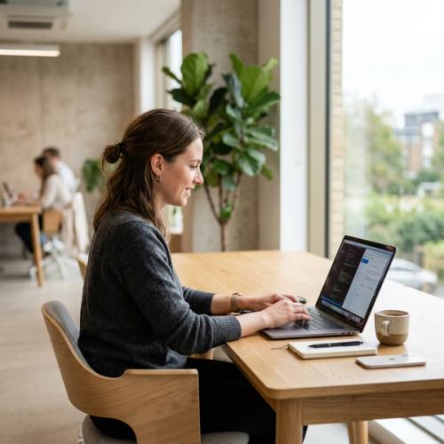 Person using a laptop with a glowing AI interface in a dark modern workspace