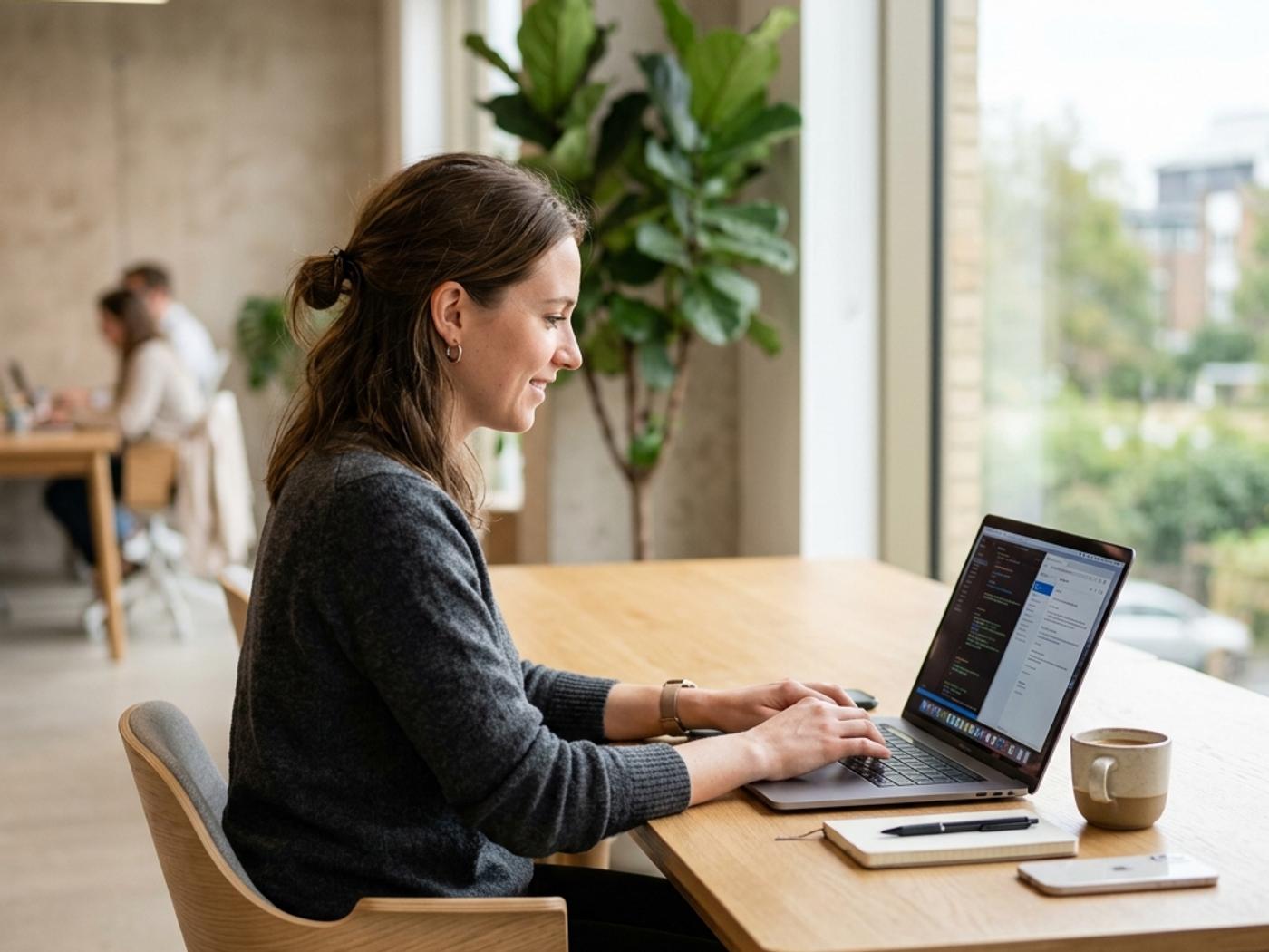 Person using a laptop with a glowing AI interface in a dark modern workspace