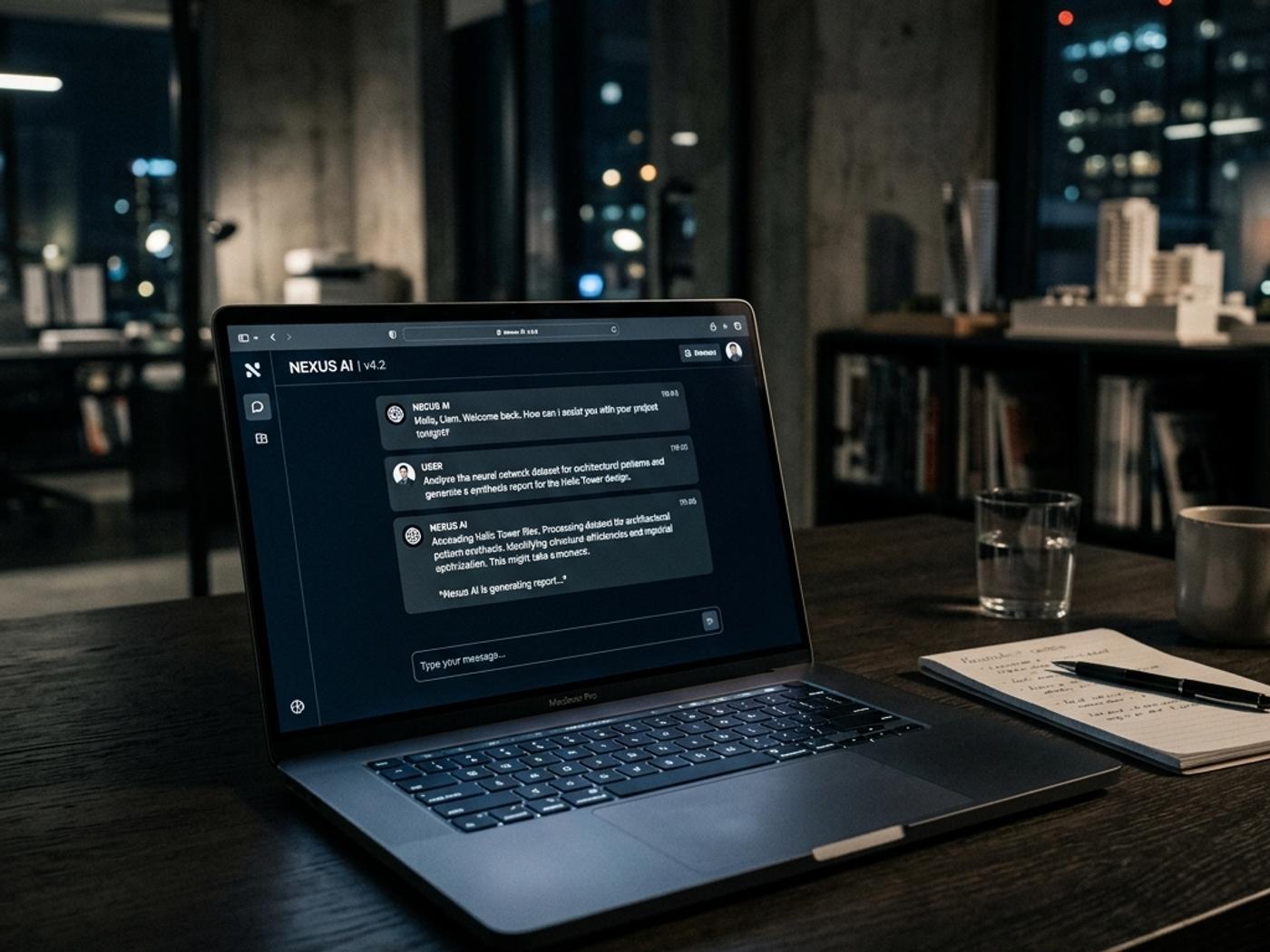 A laptop screen showing an AI chat interface with a response being generated