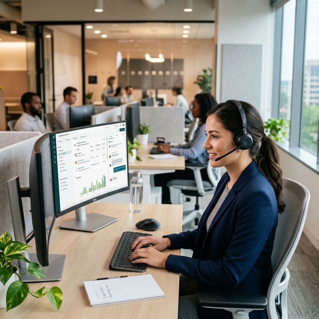 Customer service professional wearing a headset at a modern workstation with a screen