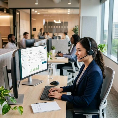 Customer service professional wearing a headset at a modern workstation with a screen