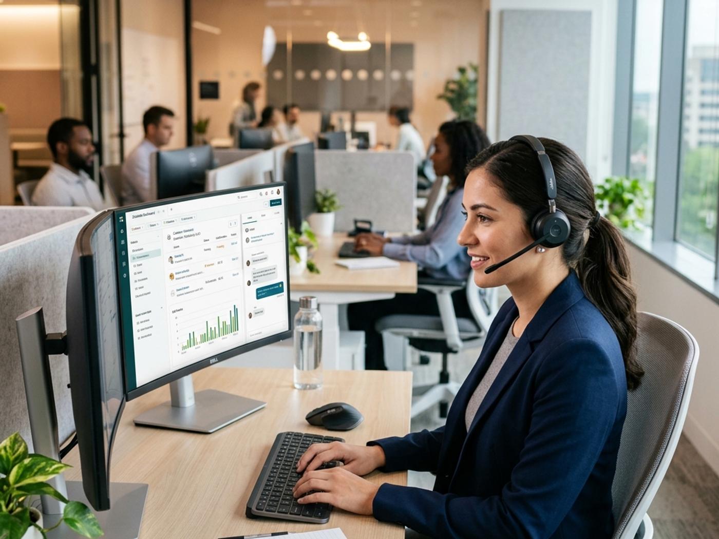 Customer service professional wearing a headset at a modern workstation with a screen