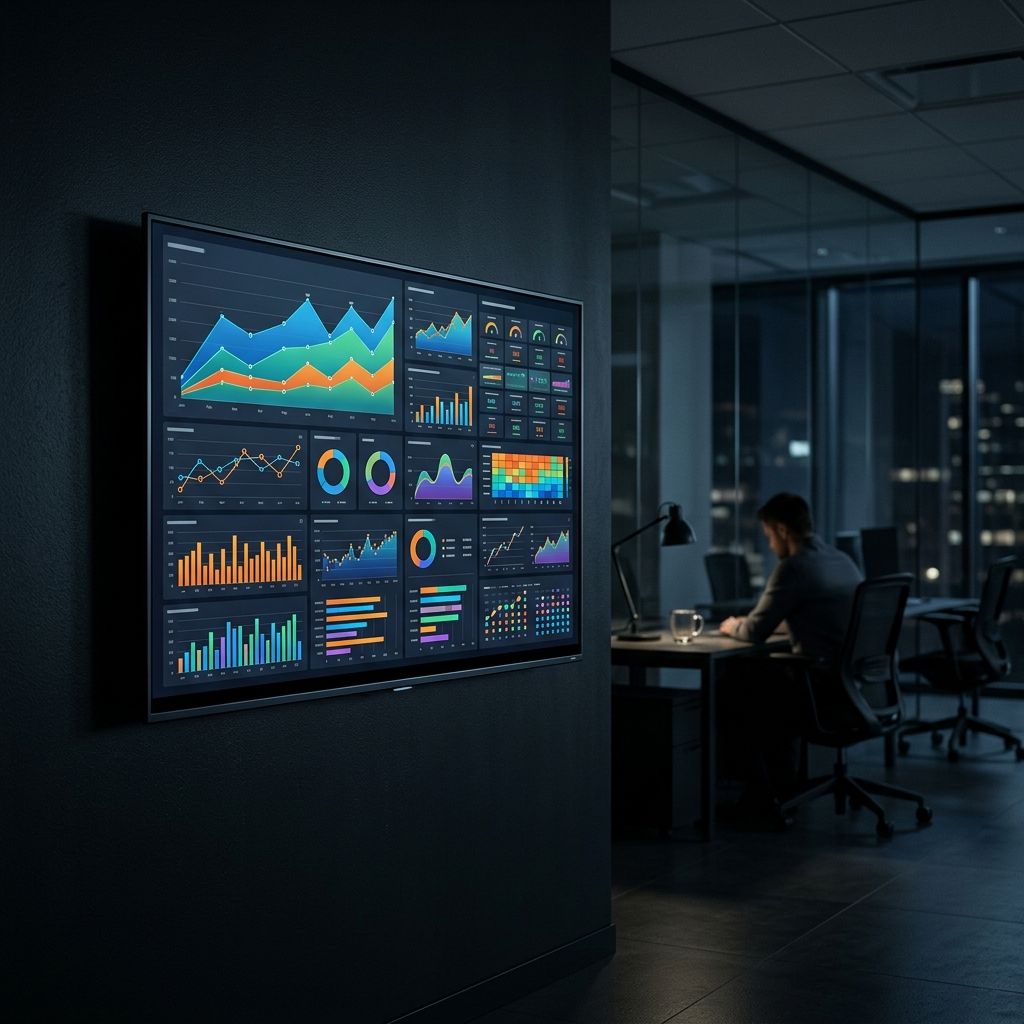 Analytics dashboard on a screen showing data charts in a dark office environment
