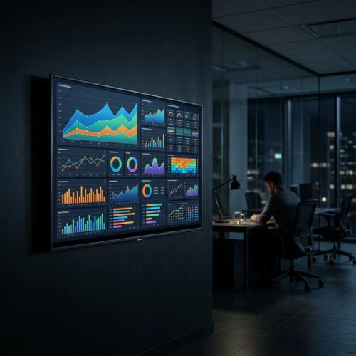 Analytics dashboard on a screen showing data charts in a dark office environment