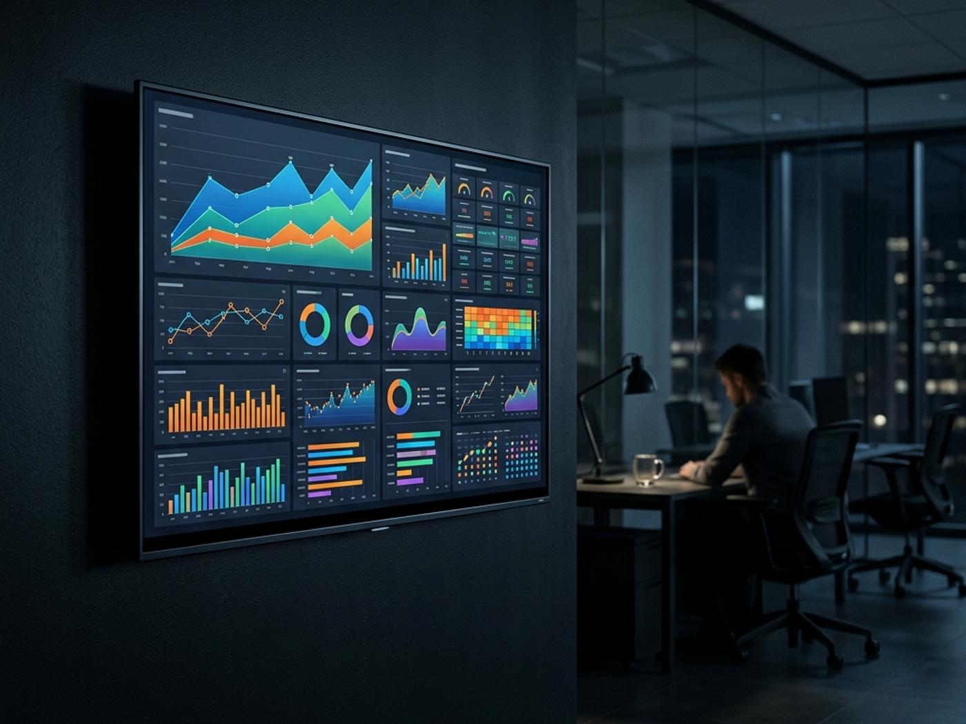 Analytics dashboard on a screen showing data charts in a dark office environment
