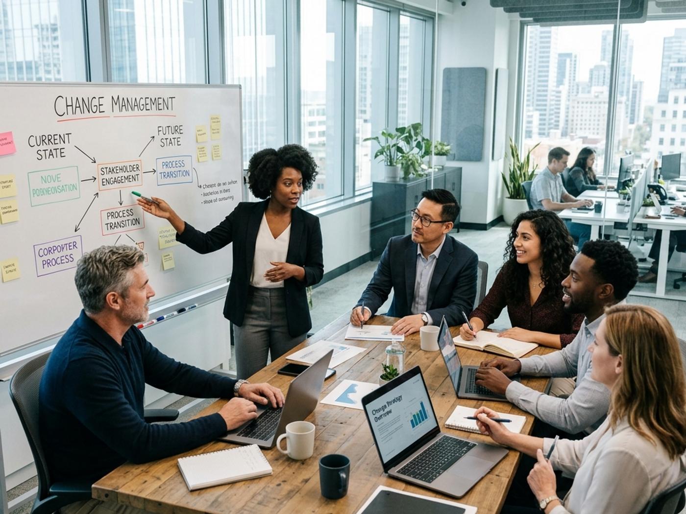Group of professionals in a collaborative meeting session around a table in a modern workspace