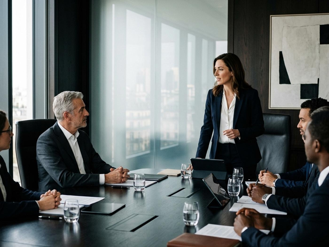 A cinematic shot of a modern executive boardroom where one person is leading the discussion from the side.