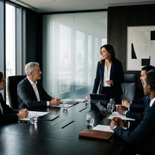 A cinematic shot of a modern executive boardroom where one person is leading the discussion from the side.