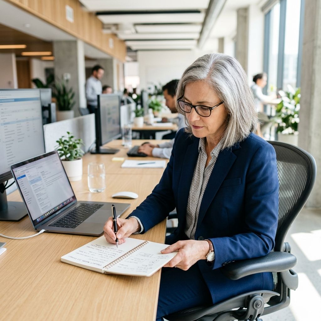Person writing in a notebook at a laptop workstation in a focused work environment