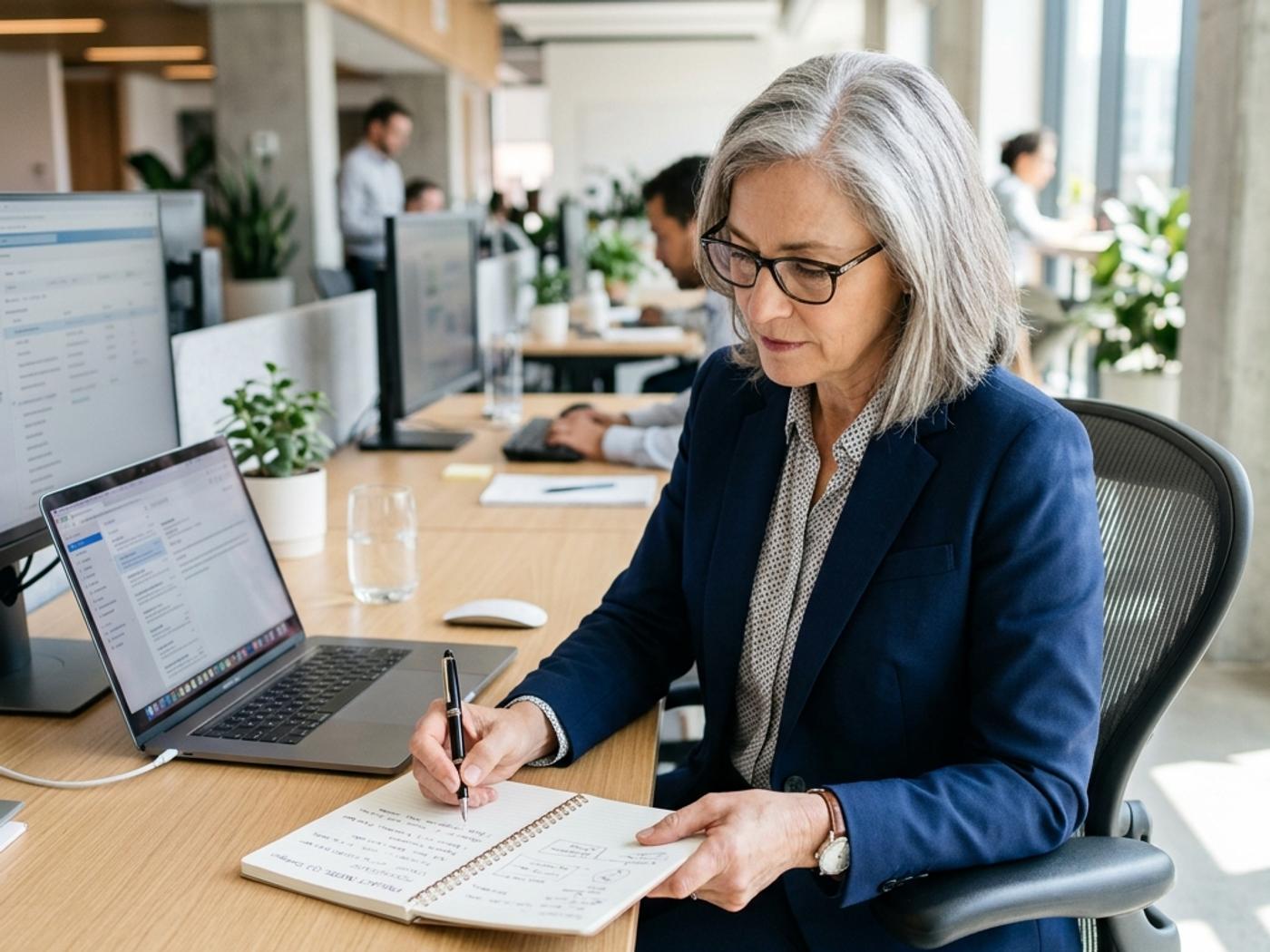 Person writing in a notebook at a laptop workstation in a focused work environment