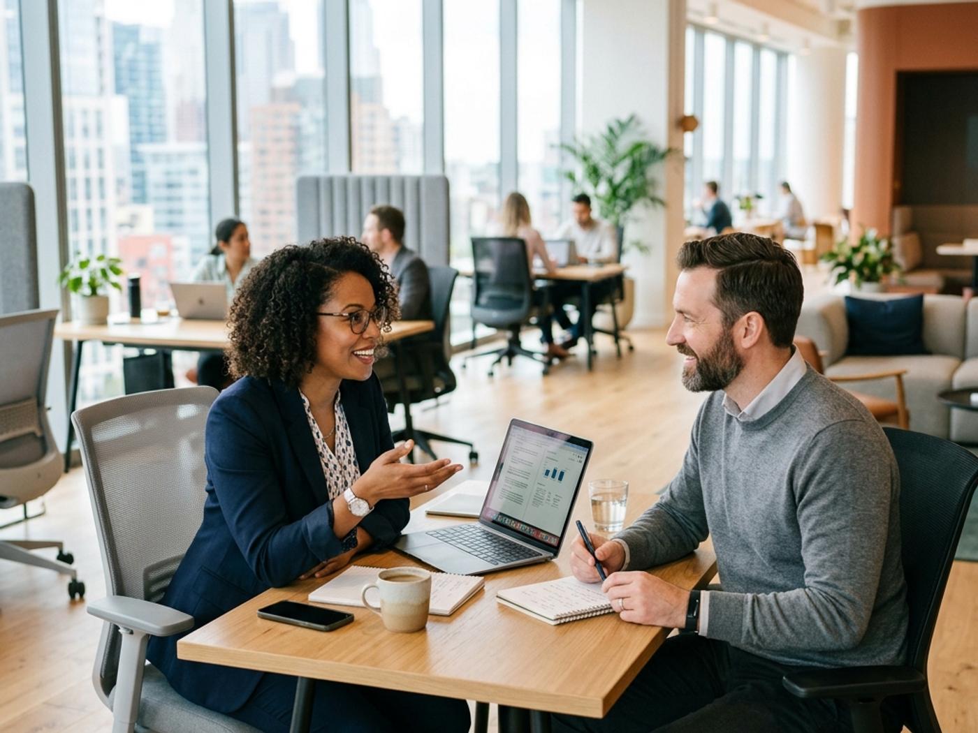 Two professionals in a collaborative working conversation at a bright modern workspace
