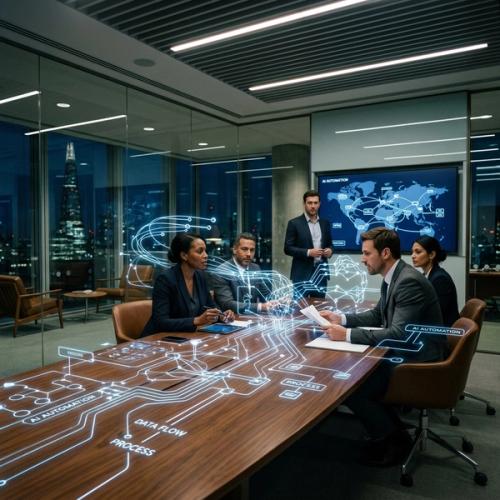 Abstract visualization of digital automation pathways intersecting with a modern corporate boardroom
