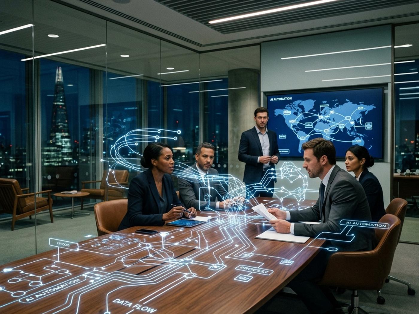Abstract visualization of digital automation pathways intersecting with a modern corporate boardroom