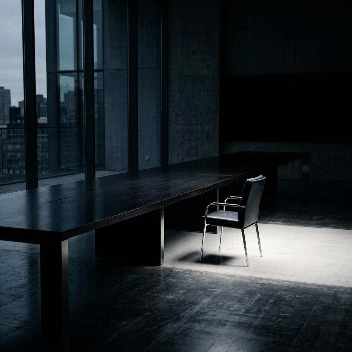 A stark minimalist boardroom table with a single empty chair pulled out, dramatic lighting