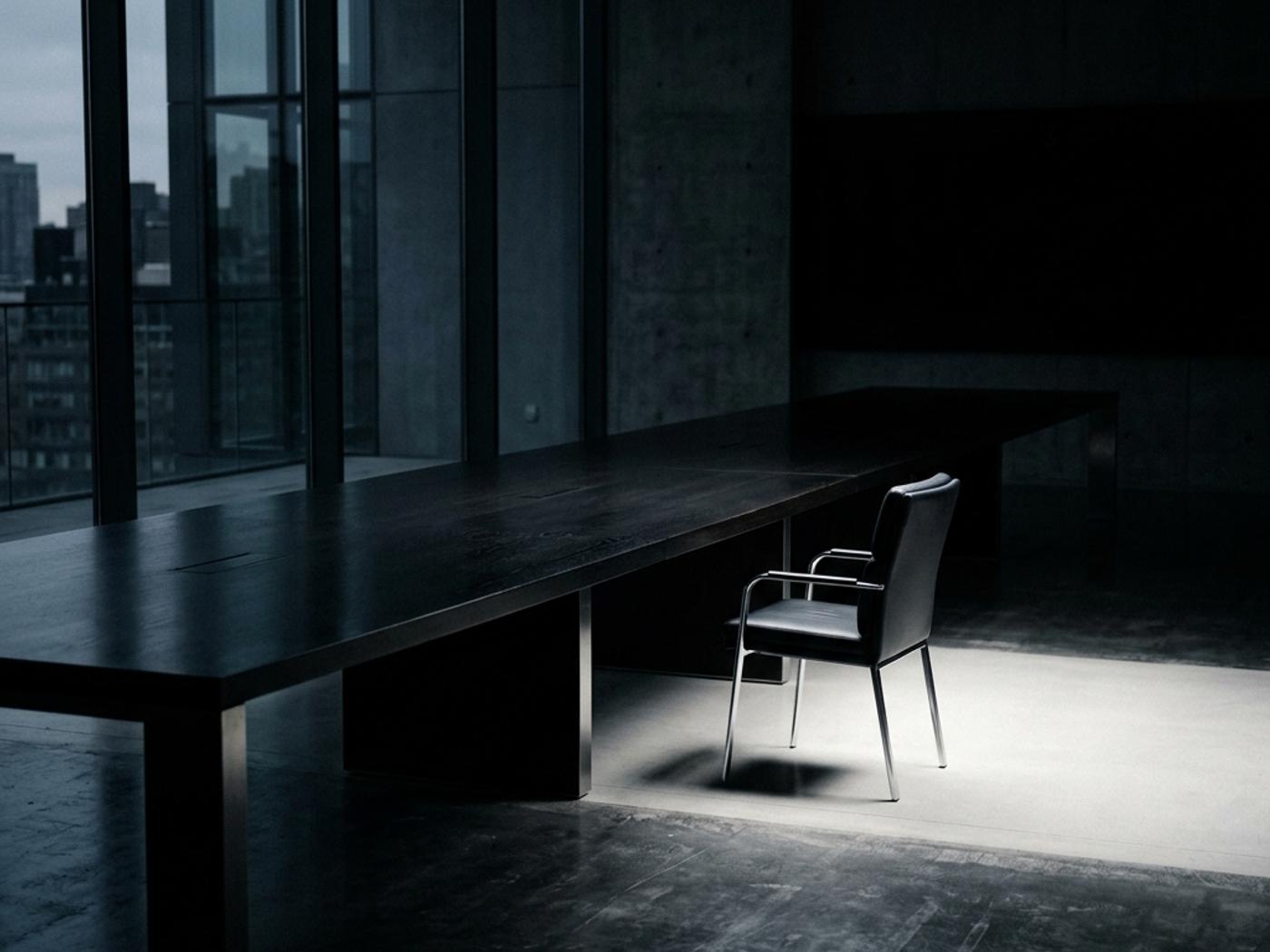 A stark minimalist boardroom table with a single empty chair pulled out, dramatic lighting