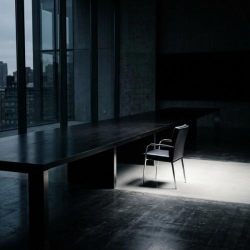 A stark minimalist boardroom table with a single empty chair pulled out, dramatic lighting