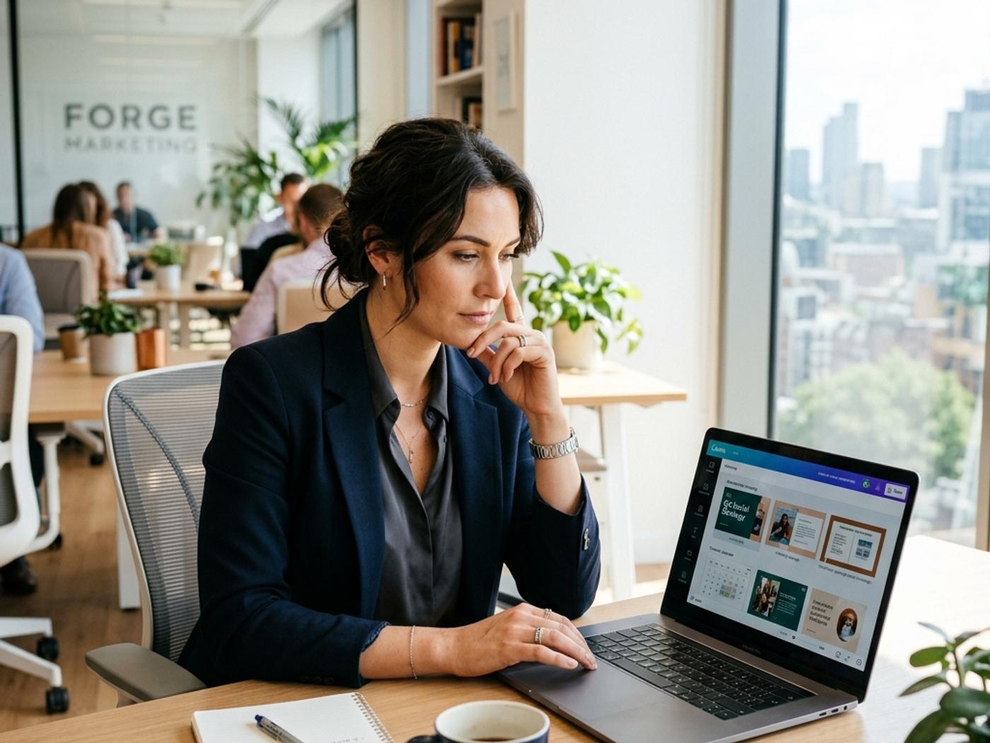 Person working on a laptop in a bright minimal workspace with a notebook and coffee