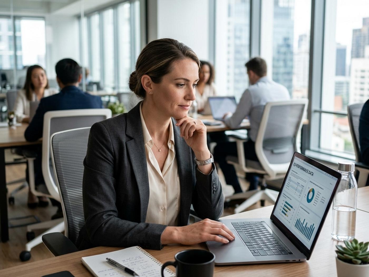 Professional person at a desk with a laptop looking thoughtfully at the screen