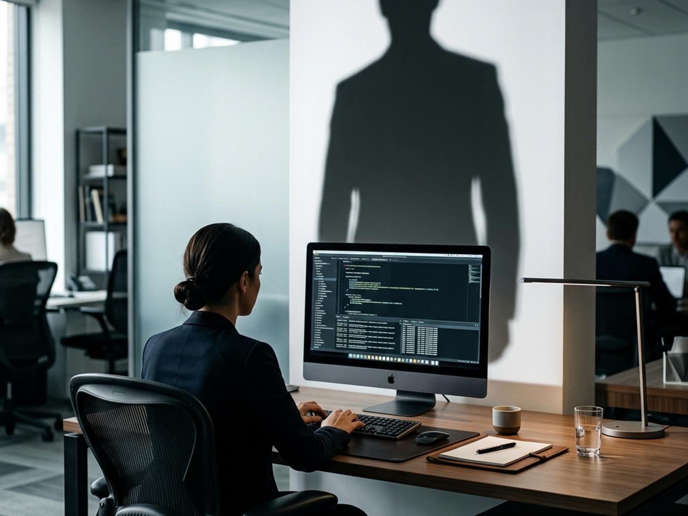 A sharp shadow of a manager looming over a modern corporate office desk seen from behind