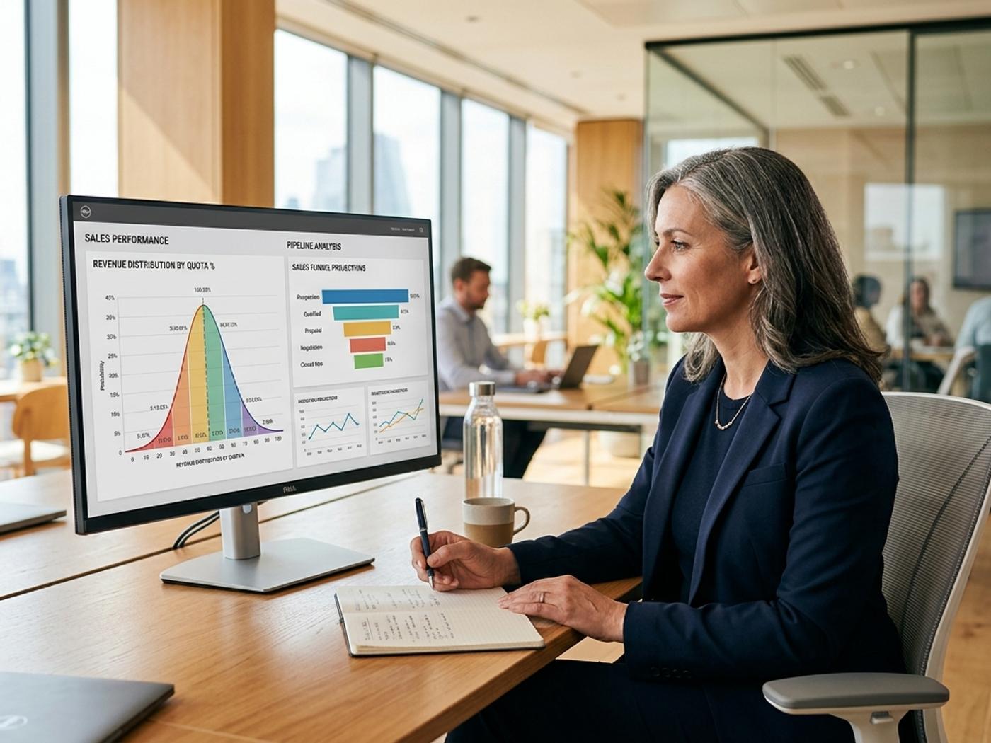 Sales leader reviewing pipeline distribution charts on a monitor in a modern office