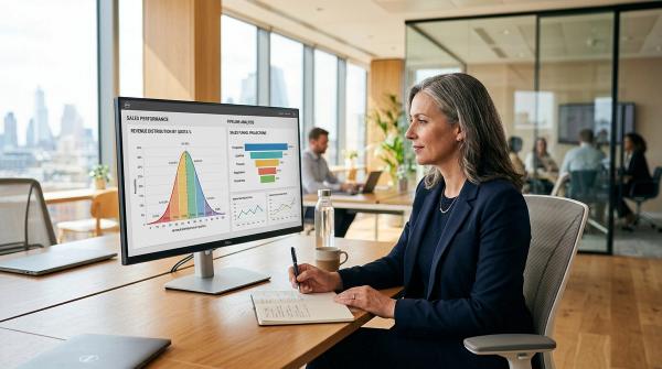 Sales leader reviewing pipeline distribution charts on a monitor in a modern office
