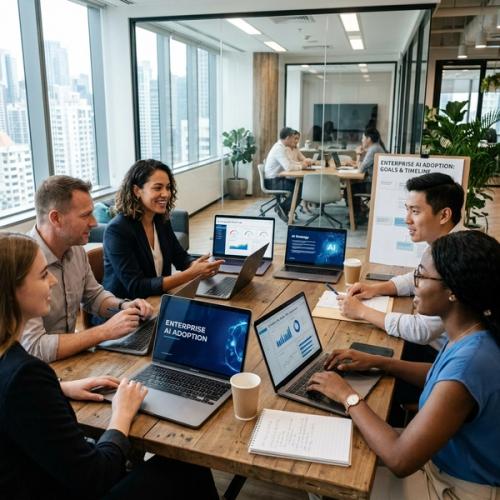 Team of professionals working together around a table with laptops in a bright modern office