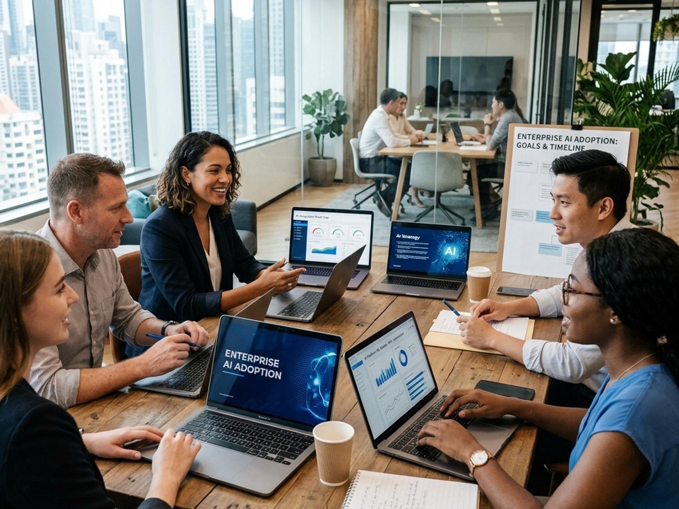 Team of professionals working together around a table with laptops in a bright modern office