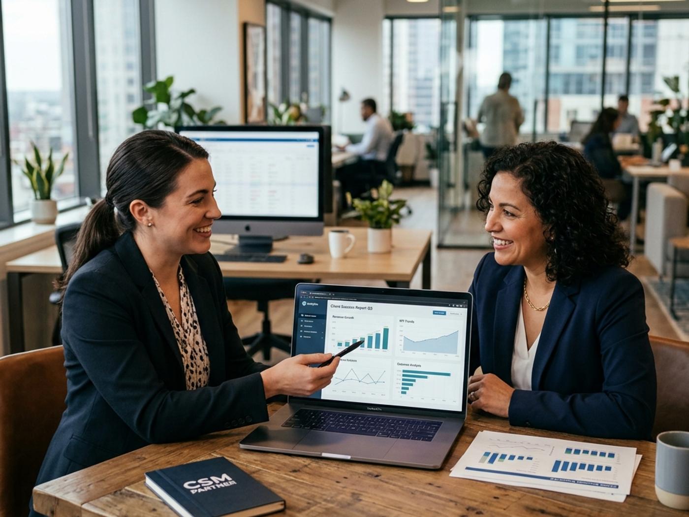Professional reviewing data on multiple screens in a modern office setting