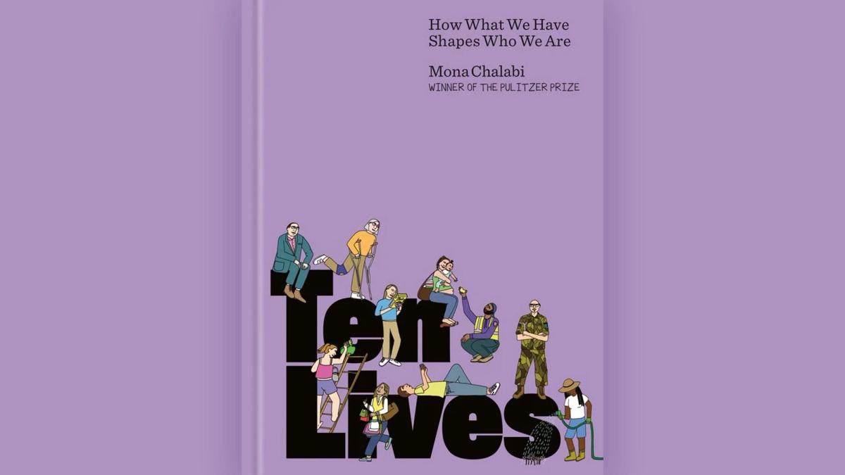 A close-up of the colorful purple book featuring a variety of illustrated people.
