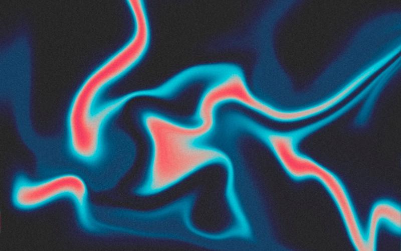 Abstract image featuring fluid, wavy streaks of neon blue and red against a dark background, resembling glowing streams of energy or heat patterns blending together.