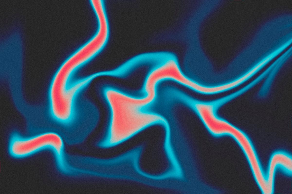 Abstract image featuring fluid, wavy streaks of neon blue and red against a dark background, resembling glowing streams of energy or heat patterns blending together.