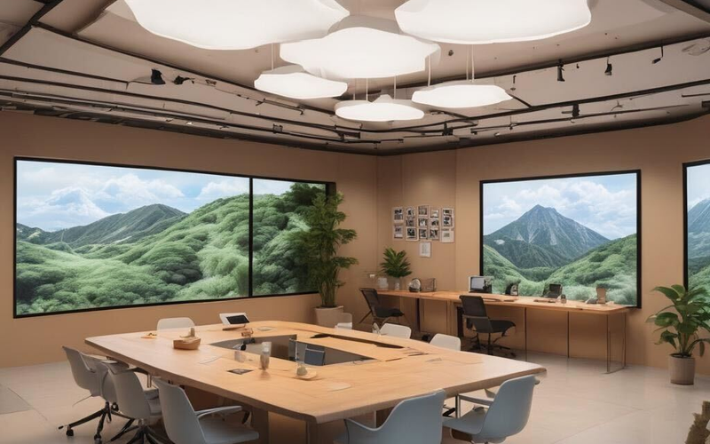 A modern conference room features a large wooden table and white chairs, with large screens on the walls displaying a green mountain landscape and unique cloud-shaped light fixtures on the ceiling.