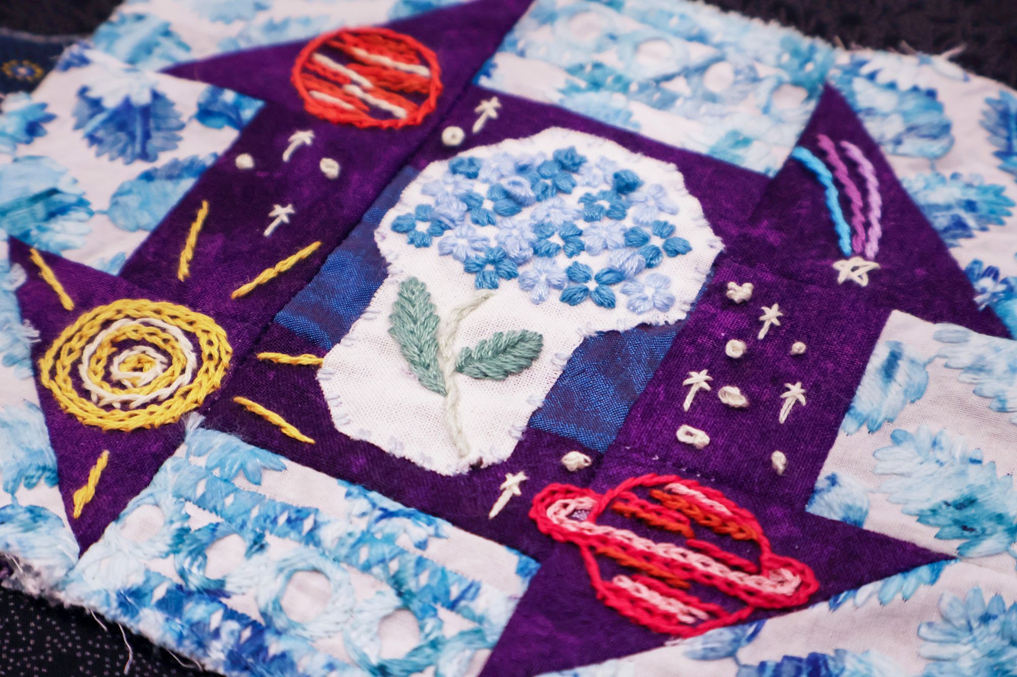 A close-up of a quilt square featuring embroidered blue flowers at the center, with stitched planets, stars, and suns surrounding the design.