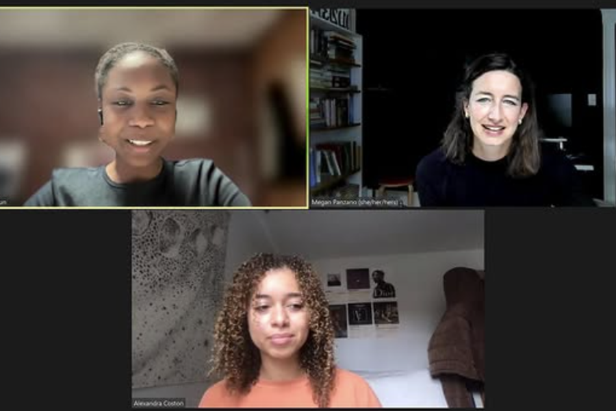 Screenshot of a three-person Zoom meeting. The top-left participant, identified as Wonu M Abiodun, is smiling and wearing a black top with an earpiece. The top-right participant, Megan Parzonko (she/her/hers), has shoulder-length dark hair and is smiling in front of a bookshelf and dark background. The bottom participant, Alexandra Coston, is sitting in a well-lit bedroom with curly hair and an orange sweater; there are posters and a tapestry on the wall behind her.