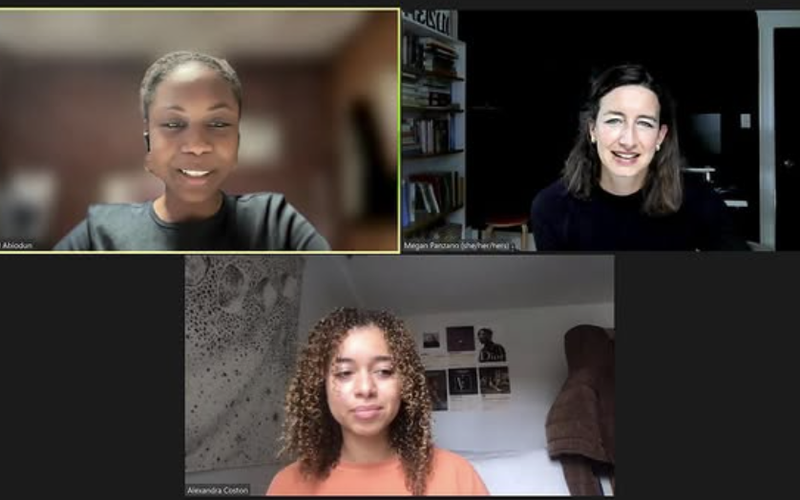 Screenshot of a three-person Zoom meeting. The top-left participant, identified as Wonu M Abiodun, is smiling and wearing a black top with an earpiece. The top-right participant, Megan Parzonko (she/her/hers), has shoulder-length dark hair and is smiling in front of a bookshelf and dark background. The bottom participant, Alexandra Coston, is sitting in a well-lit bedroom with curly hair and an orange sweater; there are posters and a tapestry on the wall behind her.