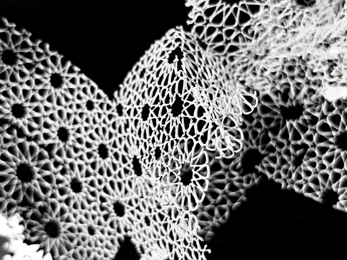 Intricate white geometric patterns resembling lace against a dark background, some in focus, some blurred.