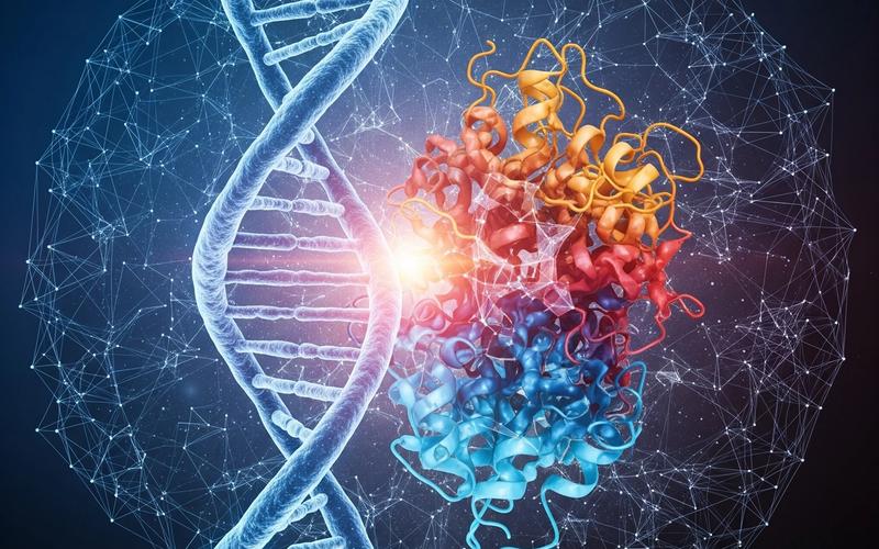 A stylized 3D rendering shows a glowing, double-helix DNA strand connected to a complex protein with multiple coiled segments in various colors.